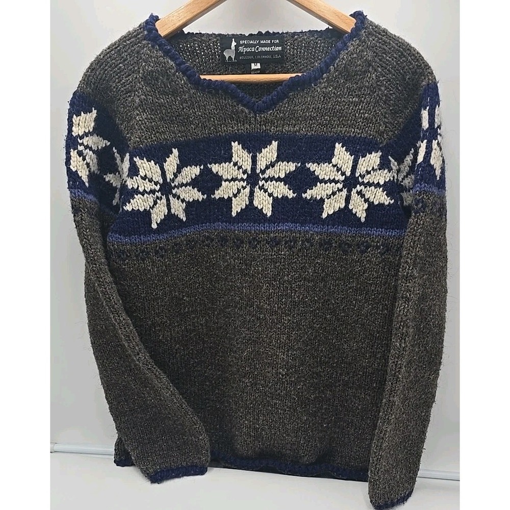 Vtg‎ Alpaca Connections Wool Sweater Grey Christmas Snowflake Made In Ecuador